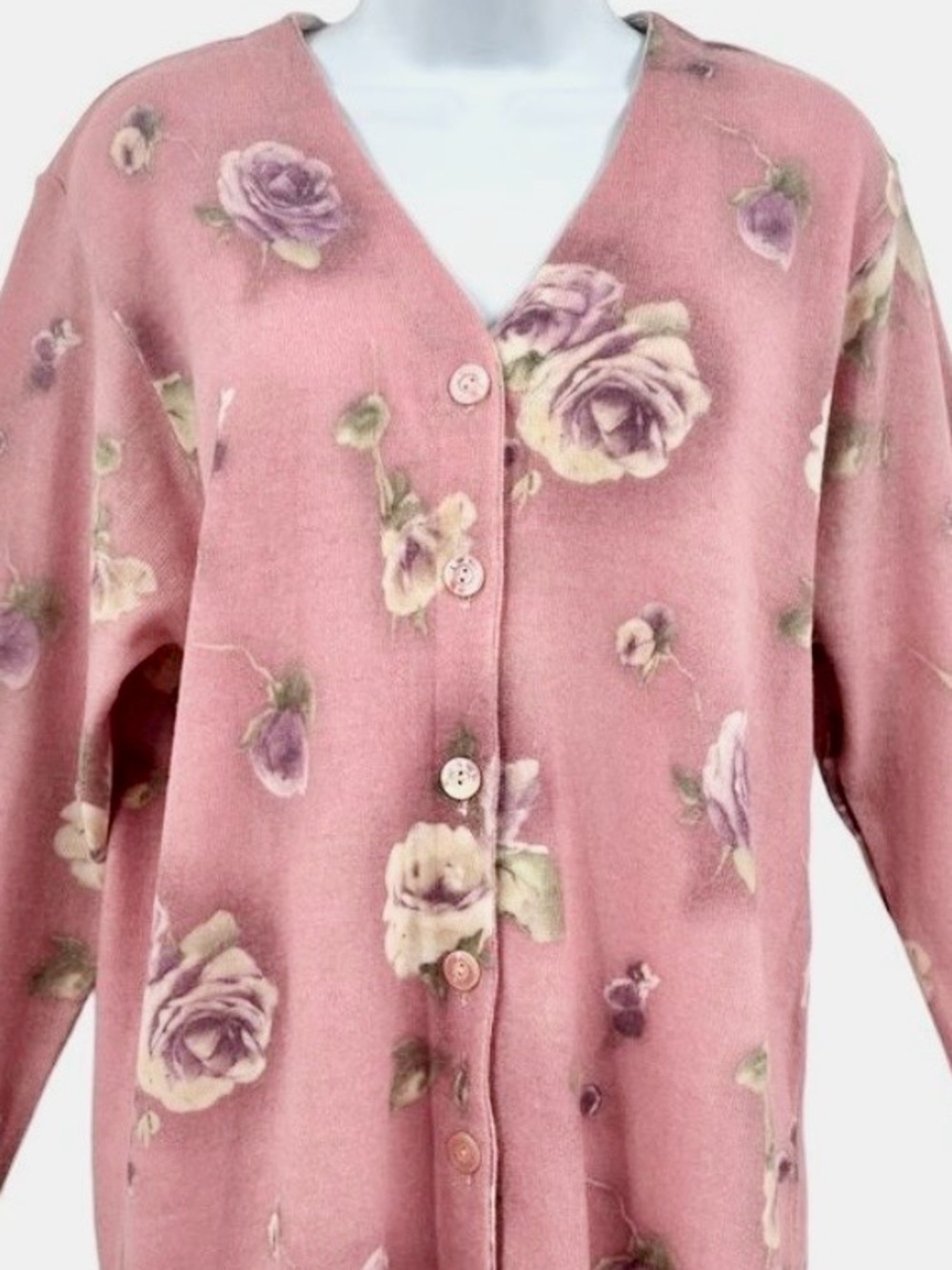 Gabriella T. Pink Italian Merino Wool Floral Cardigan Sz. M Vintage